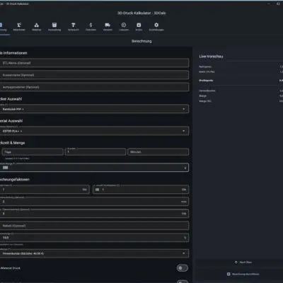 3DCalc 3D-Druck Kalkulator Software Screenshot