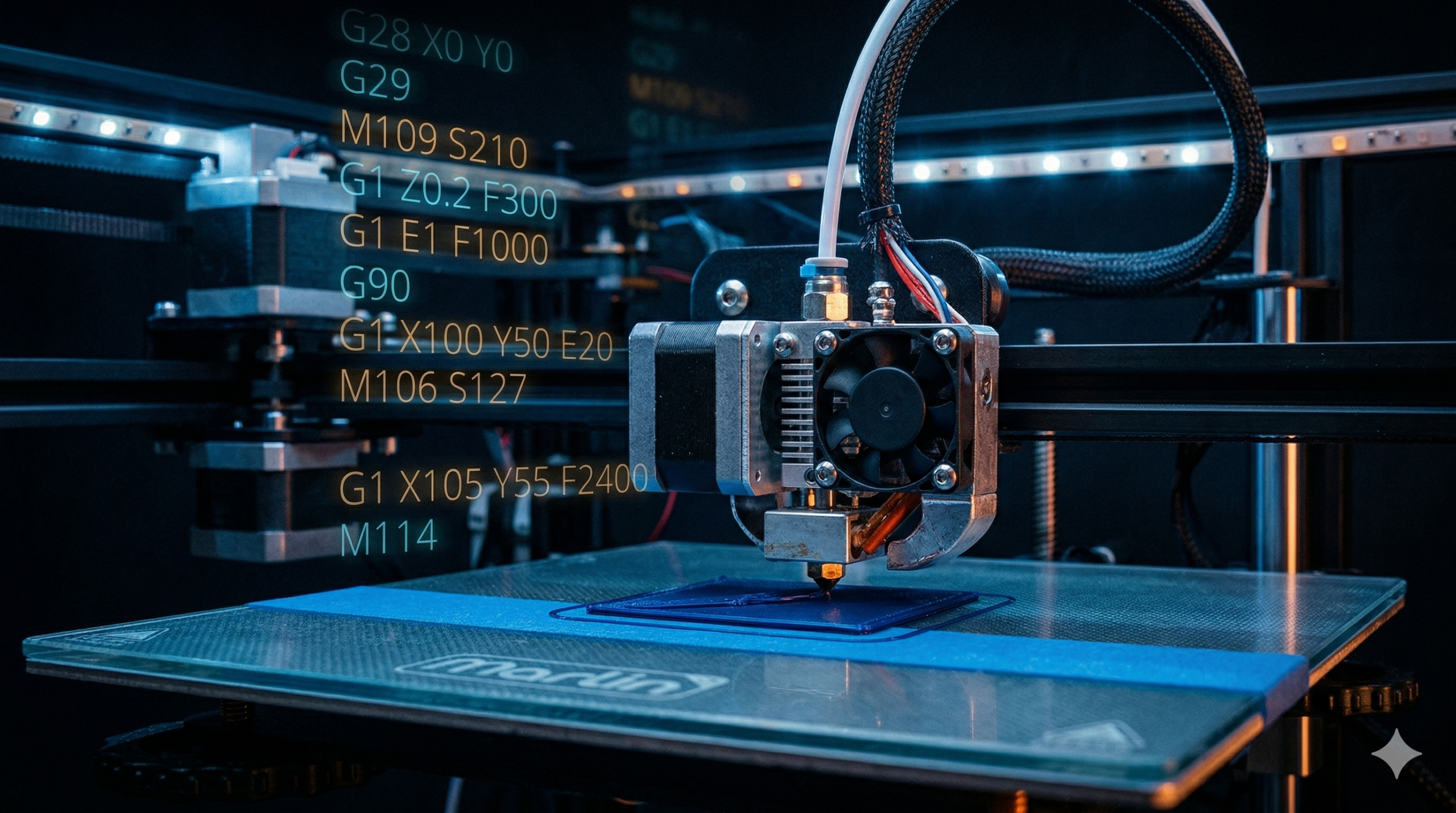 Nahaufnahme eines 3D-Drucker-Hotends beim Druckvorgang mit schwebenden G-Code-Befehlszeilen im Hintergrund, blau-orange Beleuchtung